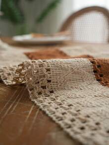 1 件米色底棕色复古波西米亚针织风格桌旗，家居装饰桌旗，厨房、餐厅、酒店、户外派对、节日装饰餐垫