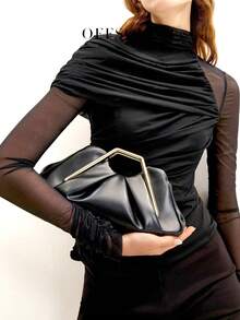 Vintage Asymmetrical Ruffle Cloud Clutch Bag, Unique Metal Hardware Handbag, High-End Retro Clutch Purse For Party, Banquet , Gifts For Women - 黑色 - 查看 1