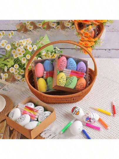 12 Piece Set Of Easter Eggs: DIY Easter Egg And Marker Pen Set, Suitable For Family Entertainment, Party Entertainment, And Creative Celebration Of DIY Easter Eggs (4 Styles Randomly With A Slight Flaw)