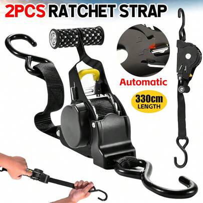 Two-Piece Durable Automatic Ratchet Strap Tie-Down Ratcheting Retractable Cargo Straps Heavy Duty Tensioner Ratchet Tie Down Strap S Hooks Quick Release Perfect For Motorcycles And Cars Travel Essential