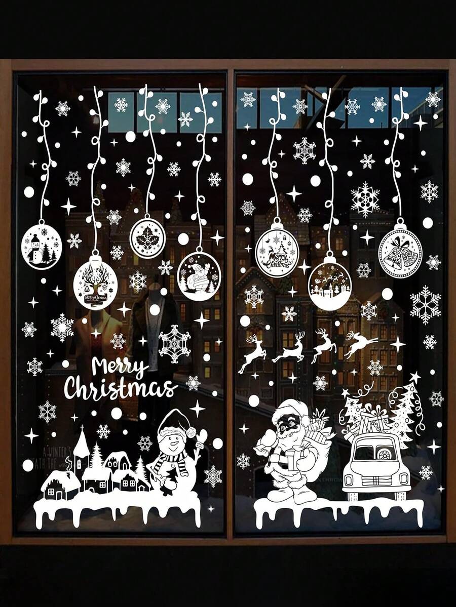 Pegatinas estáticas para ventanas con copos de nieve, muñecos de nieve, Papá Noel, camiones y renos, de doble cara, extraíbles, para decoración navideña de hogar, oficina y fiestas. - Blanco - Ver 1