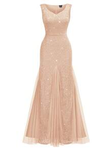 MIUSOL Elegant Women's Sweetheart Neck Sequin Floral Lace Champagne Mermaid Maxi Dress, Sleeveless Contrast Mesh Hem, For Formal Wedding Guest Gown, Prom, Evening Party, Graduation, Dinner - 香檳色 - 查看 7