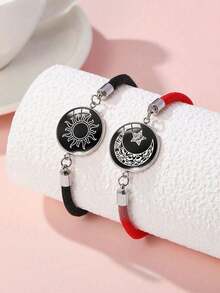 2pcs Glow-In-The-Dark Couple Bracelets, Handmade Braided Sun & Moon Design Bracelets, Lovers' Time Gemstone Braided Bracelet, Suitable As Birthday, Holiday, Valentine's Day Gift For Girlfriend, Boyfriend, Friends - Multicolor - View 3