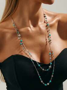 1 Set Of 2 Vintage Asymmetrical Turquoise-Like Metal Ball & Tassel Necklace Set, Sophisticated Geometric Beaded Pendant Sweater Chain Necklace, Suitable For Women's Daily, Vacation, Party Wear