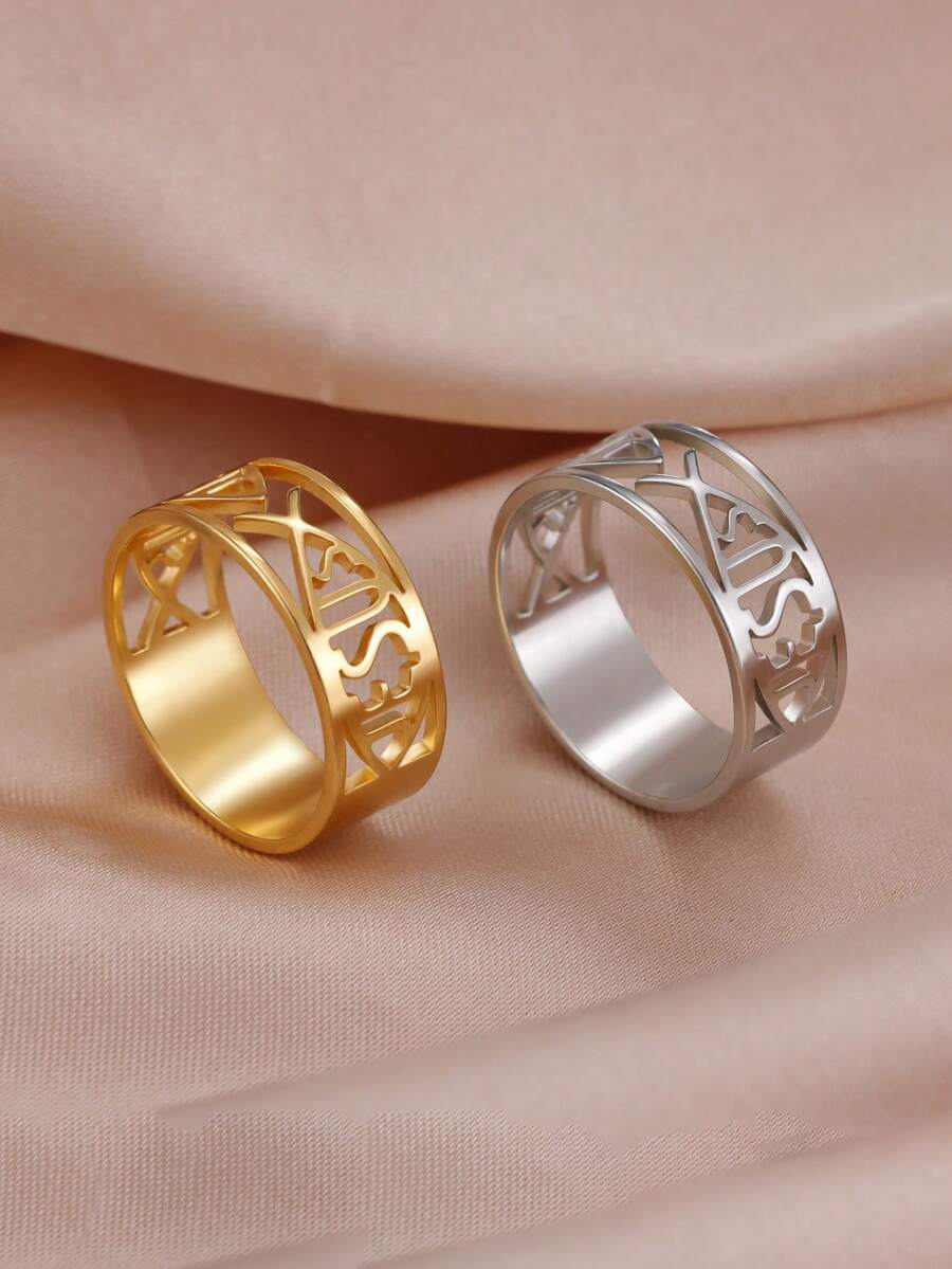 TEAMER 1 件简约不锈钢“耶稣”鱼形符号戒指，男女通用幸运符指环，送给朋友的个性化礼物 - 簡約系列 - 查看 1