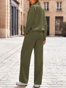 Women's 2 Piece Outfits Casual Lapel Half Zip Sweatshirts And Wide Leg Pants Tracksuit Sets Vacation Spring  Fall Outfits For Women - 軍綠色 - 查看 2