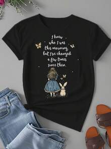 Plus-Size Women's T-Shirt Alice In Wonderland Quote   Whimsical Fantasy Art Rabbit - màu đen - Xem 2