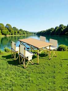 Nuevo juego de mesa y silla de camping plegable de alta calidad (incluye 4 sillas), mesa plegable para mercado nocturno al aire libre, mesa de comedor simple portátil, mesa pequeña portátil de aleación de aluminio de aprendizaje multifuncional - Beis - Ver 6