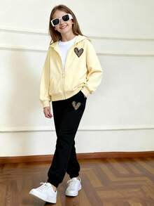Girls' Two Pieces Casual Suit With Leopard Heart Print, Zipper Sweatshirt And Leopard Heart Pattern Cuffed Sweatpants, Pants, Autumn And Winter Clothes, Suitable For Shopping, Party, Sports, Travel, Party And School, Teen Girls' Clothing, Suit