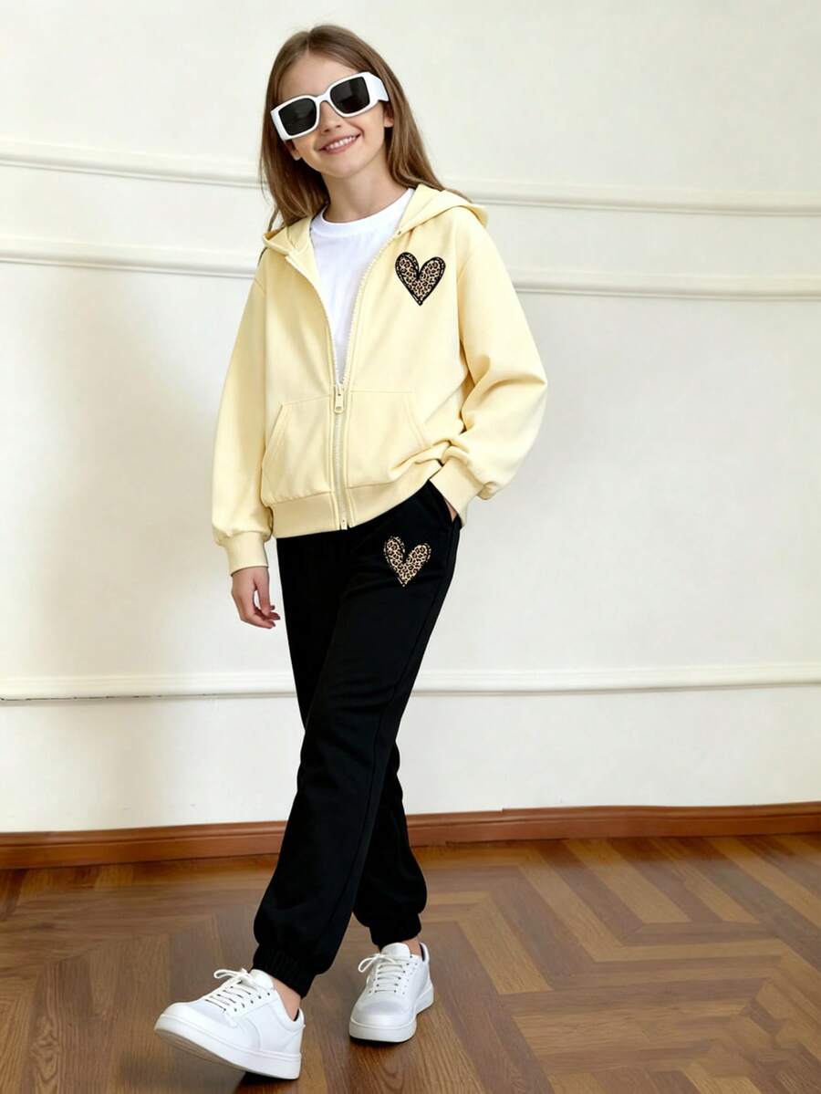 Girls' Two Pieces Casual Suit With Leopard Heart Print, Zipper Sweatshirt And Leopard Heart Pattern Cuffed Sweatpants, Pants, Autumn And Winter Clothes, Suitable For Shopping, Party, Sports, Travel, Party And School, Teen Girls' Clothing, Suit