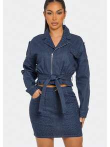 DENIM SKIRT SET   Plain    Casual    Zipper  Pocket  Belted    Office - vải denim - Xem 5