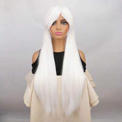 Straight White Synthetic Wig With Bangs For Halloween Costume And Anime Cosplay - Long And Natural-Looking