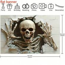 Banner plat 2D, 1 bucată de schelet care sparge peretele, ținând peretele cu ambele mâini, cu pânză de fundal cu sânge și crăpături, creând o atmosferă de groază terifiantă și realistă, perfect pentru decorațiuni de Halloween și evenimente cu tematică de groază, cadouri de sărbători, decorațiuni pentru casă, recuzită de studio, petreceri de tailgating.