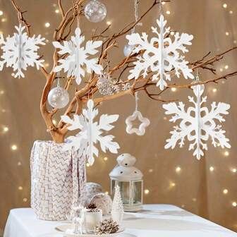 6pcs 3D White Snowflake Christmas Hanging Decorations, Winter Christmas Birthday Party Decor Streamers