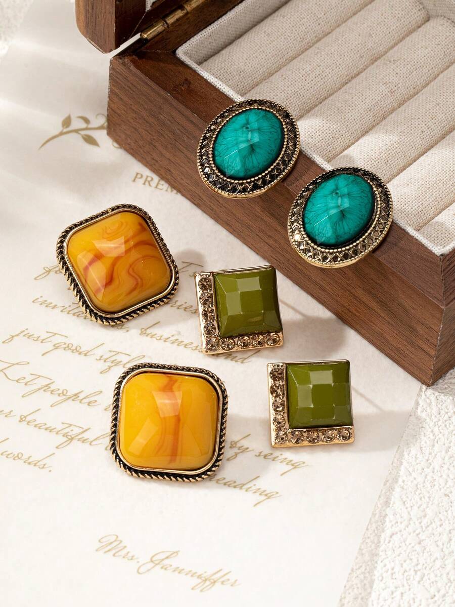 1 set cercei încrustați cu strasuri geometrice în stil boem, set de cercei eleganți și versatili pentru femei