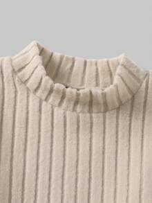 3pcs/Set Girls Solid Ribbed Fitted Set + Plaid Faux Fur Collar Jacket, Winter - Apricot - View 10