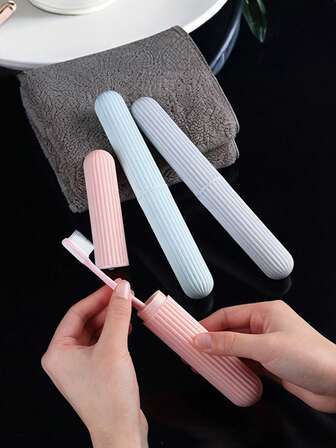 1pc/2pcs Creative New Fashion Portable Plastic Toothbrush Case, Bathroom Toothbrush Storage Box, Outdoor Travel Toothbrush Holder, Multi-Functional Toiletry Storage Cup Can Also Store Utensils, Striped Toothbrush Bucket, Suitable For Travel, Vacation, Business Trip, Camping, Gym, Yacht, Dorm Essentials