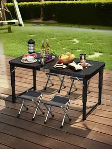 Nuevo juego de mesa y silla de camping plegable de alta calidad (incluye 4 sillas), mesa plegable para mercado nocturno al aire libre, mesa de comedor simple portátil, mesa pequeña portátil de aleación de aluminio de aprendizaje multifuncional - Beis - Ver 1