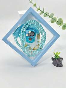 1 Set 6mm 99 Beads Muslim Prayer Beads With Rhinestone Flower Decorated Counter, 11x11x2cm Elegant Gift Box In Pink/Blue/Purple/Black/White, Luxurious Accessory For Belief & Prayer Counting