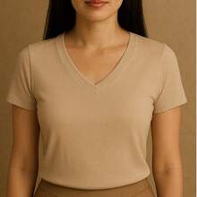 Kit Of 4 Basic V-Neck Short Sleeve Ribbed Blouses - Gray, Black, Military Green, Beige - View 4