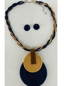 Braided Wire Necklace Set With Double Pendant + Resin Button Earrings – Sophistication In Every Detail. - Navy Blue - View 3