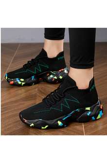 Men's Mesh Lace-Up Thick Sole Sneakers, Camouflage Fashion Unisex Casual Sports Shoes, Suitable For All Seasons