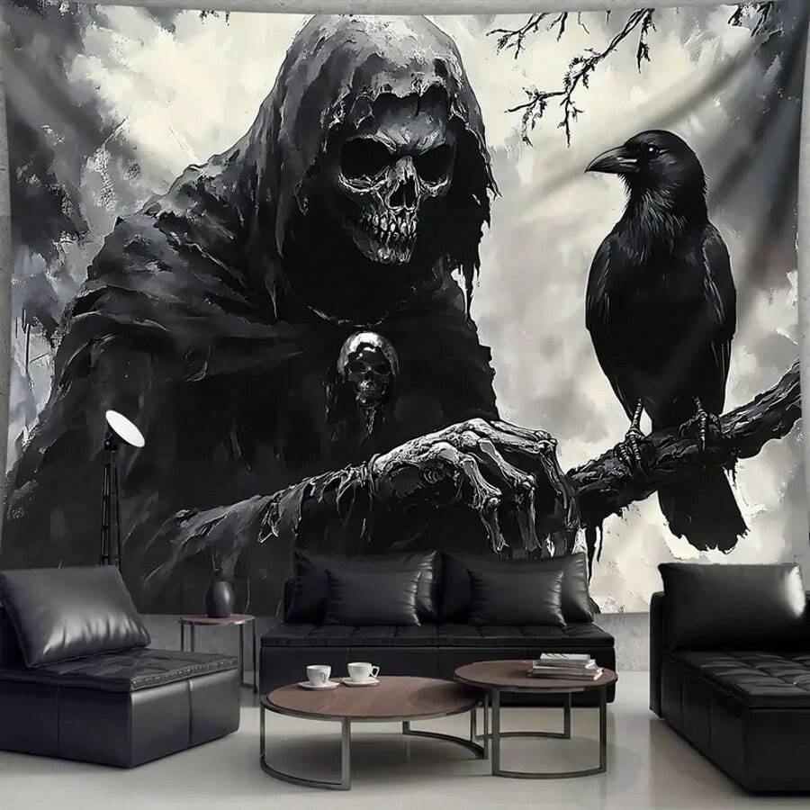 1 pièce Grande taille Impression numérique de tapisserie avec crâne sombre et corbeau, tissu d'impression esthétique en polyester, décoration murale pour salon, chambre, bureau, maison, fête