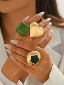 3 件套时尚简约珐琅几何心形戒指套装，甜美多巴胺戒指套装，适合女士 - 彩色 - 查看 1