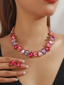 قلادة بلورية شكل قطرة ماء فوشيا وزهري، طقم إكسسوارات رسمي يشمل زوج من أقراط قطرة ماء فوشيا وزهري من الأكريليك