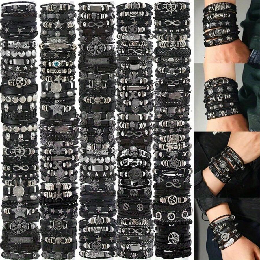 10/20/30Pcs Punk Hip Hop Style Faux Leather Bracelets Set Multi-Layer Skull Cross Star Halloween Chic Infinity Symbol Design Vintage Black For Teen And Gifts Thanksgiving Father's Day Graduation Creative Metal Dots Fashion Jewelry - Đen - 20 chiếc - Xem 1