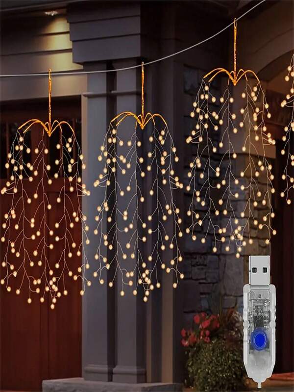 3pcs 300LED Hanging Firecracker Lights, Decorative Light String, USB Power Supply, 8 Modes, LED Indoor Lighting, Soft Copper Wire, Suitable For Roofs, Courtyards, Terraces, Christmas, Weddings, Festivals And Parties