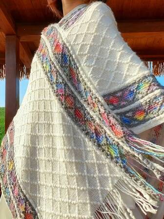 1 pieza Poncho elegante para mujer, chal de punto sólido con flecos huecos, abrigo exterior cálido de alta calidad, nuevo capa versátil, adecuado para uso diario con vestido