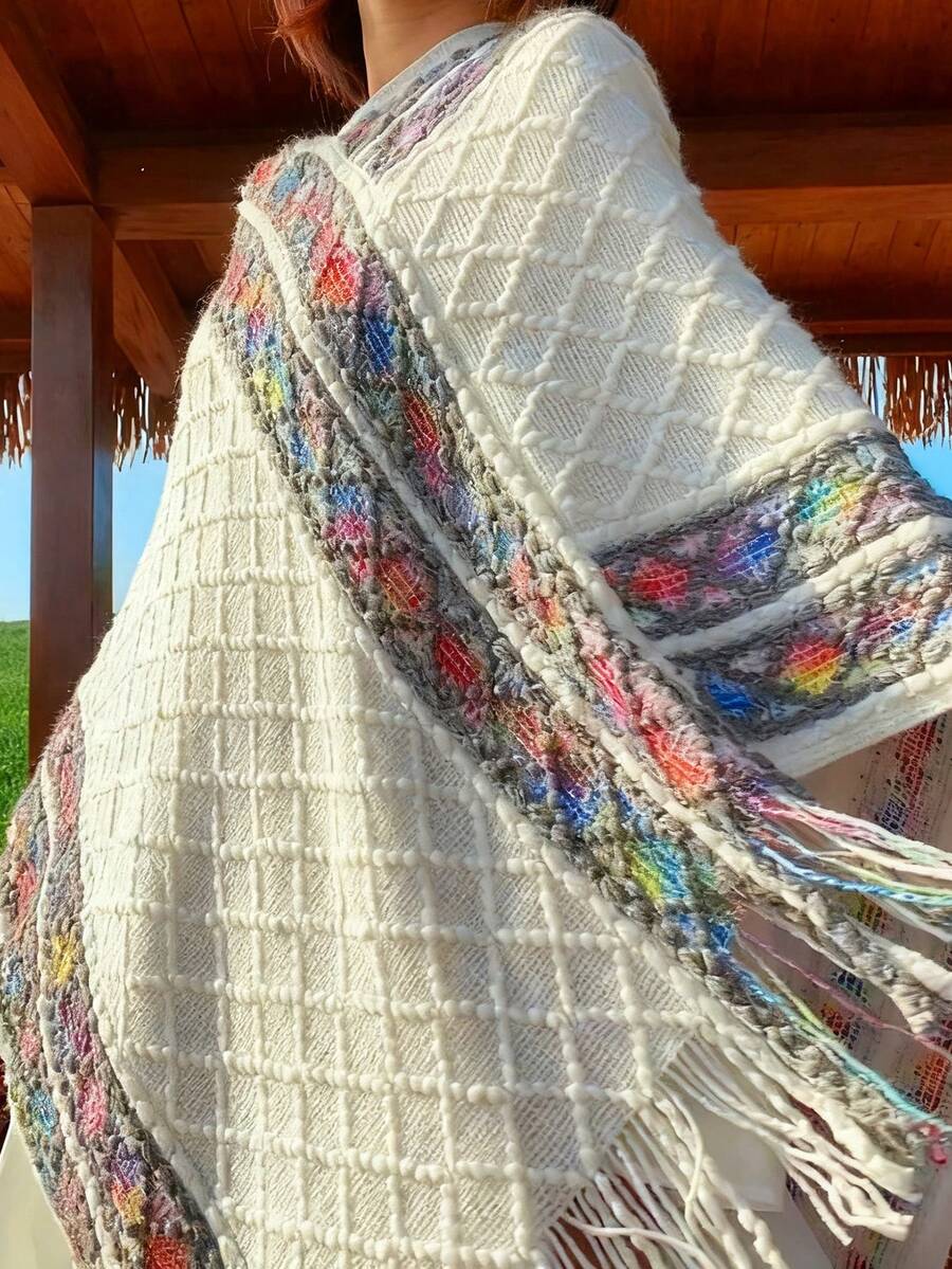 1 Áo choàng Poncho thanh lịch dành cho nữ, Khăn choàng tua rua rỗng đan màu trơn, Áo khoác ngoài ấm áp chất lượng cao, Áo len choàng đa năng mới, Thích hợp mặc hàng ngày cho váy