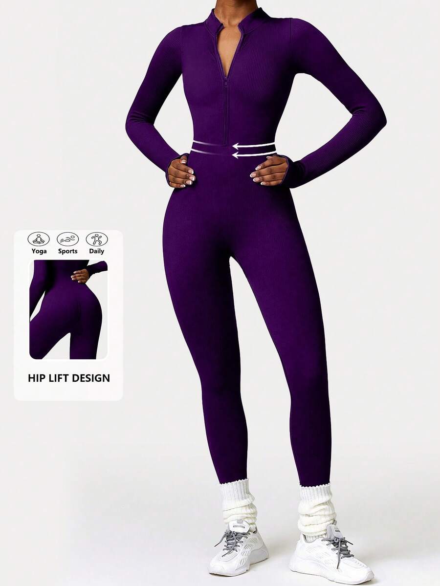 DINBEY 女士长袖瑜伽连体裤 - 纯色户外紧身连体裤，具有收腹提臀功能