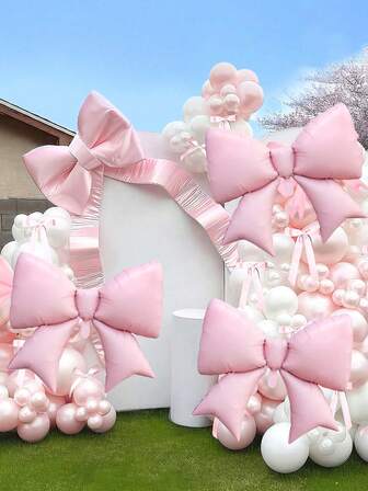 1/3/6pcs Large Bow & Heart Shaped Balloon Set, Including 24" Pink Matte Bow Foil Balloons And Pink/Black Heart Balloons, Suitable For Princess Party, Birthday Party Decor, Engagement Wedding, Bachelorette Party, Bridal Shower, Gender Reveal, Bow Theme, Photo Props, Anniversary Decoration