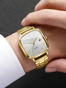 1pc Men's Gift Watch, Classic Fashion Square Dial Calendar Display, Minimalist Casual Stylish Quartz Wristwatch, Watch Box Not Included - Gold - View 2
