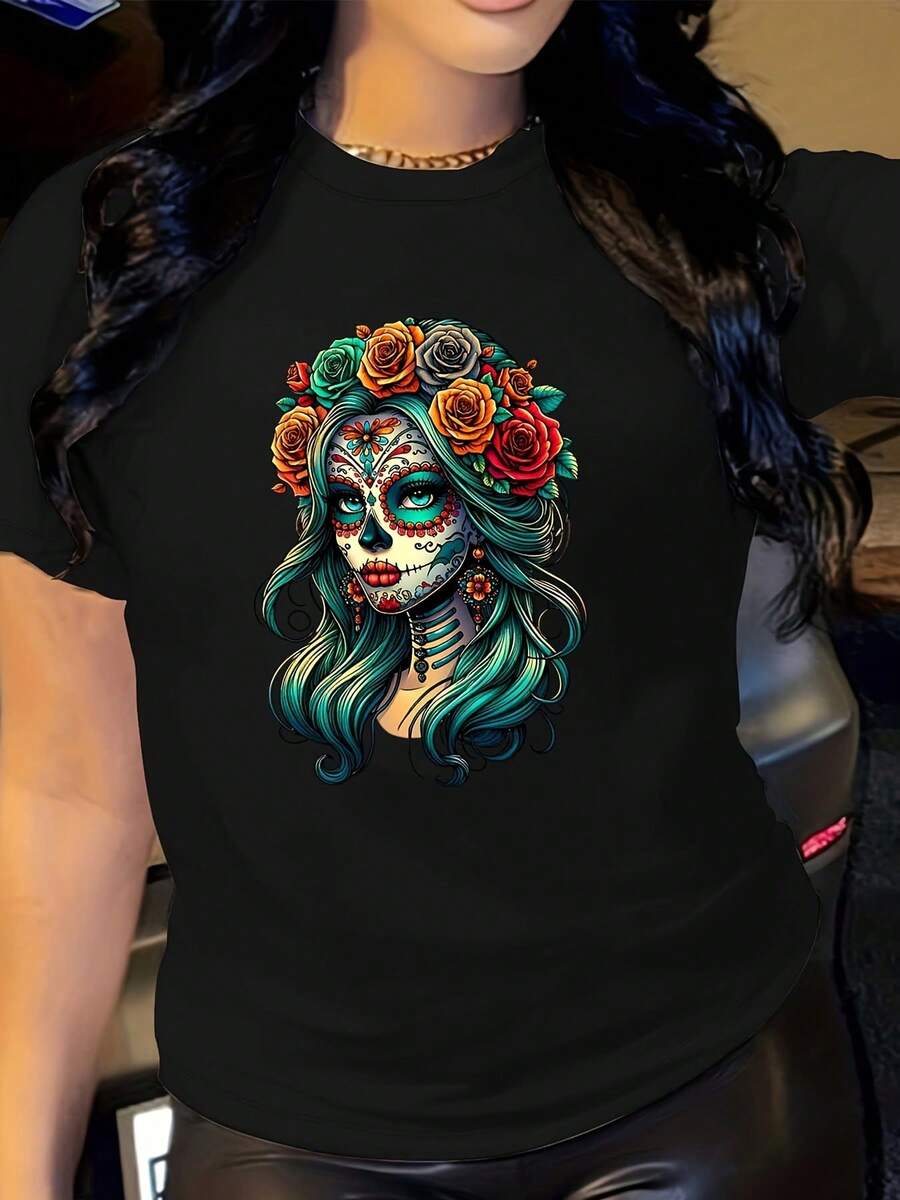 Women's La Catrina Floral T-Shirt - Mexican Day Of The Dead Sugar Skull Top, Semi-Sheer Crew Neck Tee For Dia De Los Muertos, Halloween, Casual Attire - Machine Washable Casual Shirt, Seasonal Fashion, Vibrant Print, Breathable Material, Short Sleeve Top, Cultural Enthusiasts - màu đen - Xem 1
