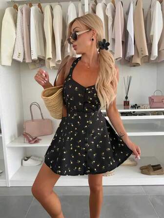 Women's Casual Elegant Lemon Print Spaghetti Strap Top And Mini Dress Set, Sexy Party Outfit, Summer