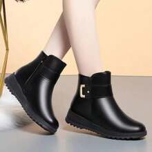 Autumn/Winter Thermal Lined Ankle Boots, Non-Slip Mother Shoes, Flat Heel Mid-Calf Warm Black Boots - Black - View 4