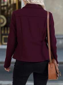 Chamarra invierno dama mujer corte corto tejido polar textura suave caliente calientito botones bolsillos manga larga cuello camisero recto casual día noche festival comida cena calle otoño invierno - Burdeos - Ver 3