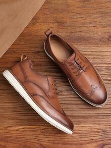 Men's Casual Lace-Up Brogue Style Formal Shoes, Lightweight Soft Sole, Suitable For Work And Daily Wear
