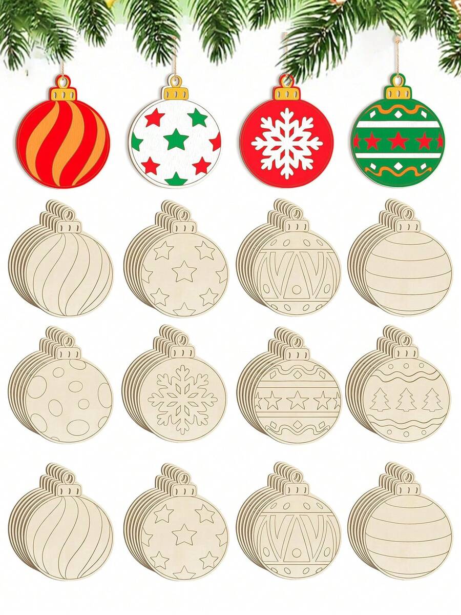 16个/8个未上漆木制圣诞装饰品，DIY原色木制圣诞球装饰，手工冬季悬挂装饰品