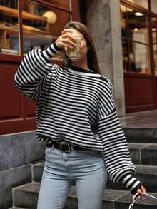 FOR BEAUTY Spring And Autumn New Round Neck Striped Color Blocking Lantern Sleeve Sweater Women Loose Fashion Long Sleeve Jumpers For Women Sweater Knit Christmas Top New Year