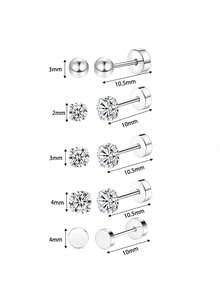 10pcs Hypoallergenic Flat Stud Earrings, Unisex, Gold Plated Stainless Steel, Mini Screw Cartilage Studs - Silver Ear Stud - View 21