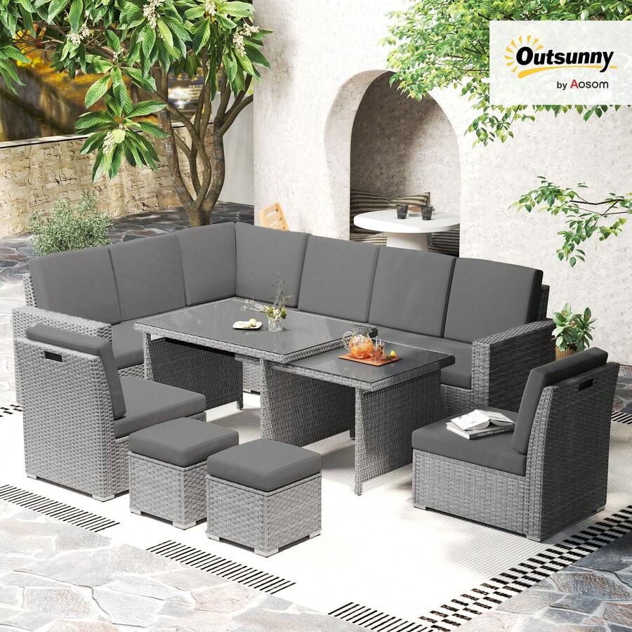 Outsunny 10 Seater Rattan Dining Set With Expandable Table And Nesting Chairs, Rattan Garden Furniture Set With Cushions, Outdoor Dining Table And Chairs, Sectional Corner Sofa Set, Light Grey - Light Grey - View 1