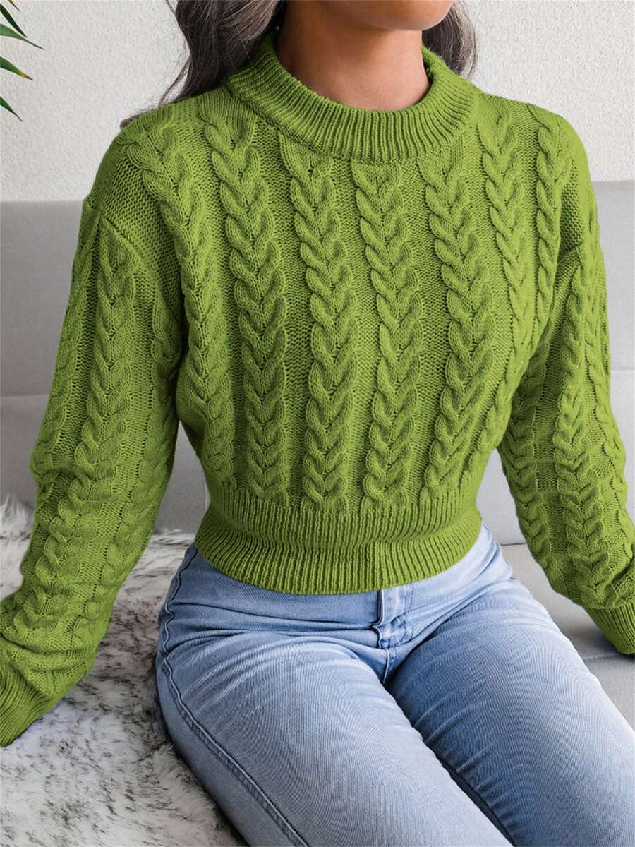 Women's Casual Crew Neck Cable Knit Waist Cinched Long Sleeve Cropped Pullover Sweater, Autumn/Winter