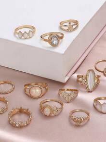 14Pcs/Lot Vintage Elegant Gorgeous Charming Personalized Women Men Rings With Rhinestones Hollowed Out Carved Patterns Engagement Wedding Valentine's Day Gifts Daily Wearing Jewelry Accessories