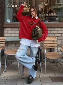Freeform Spring Women's White, Black, Pink, Brown Knit Sweater, Korean Style Red Fall - Red - View 6