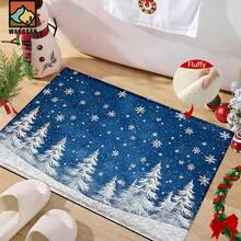 1pc/2pcs Winter Wonderland Snowflake Christmas Pattern Bathroom Anti-Slip Mat, Faux Cashmere Material, Plush Decoration Suitable For Bathrooms, Doorways, Kitchens & Festive Decorations, Machine Washable, Gift Idea - Multicolor - View 1