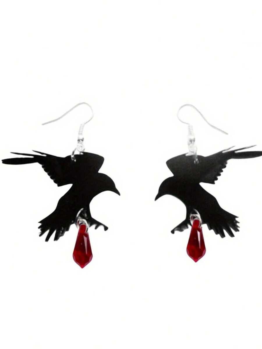 1Pair Gothic Black Crow Pendant Women's Earrings, Black Halloween Jewelry Girls Cool Fashion Accessories, Retro Witch Accessories